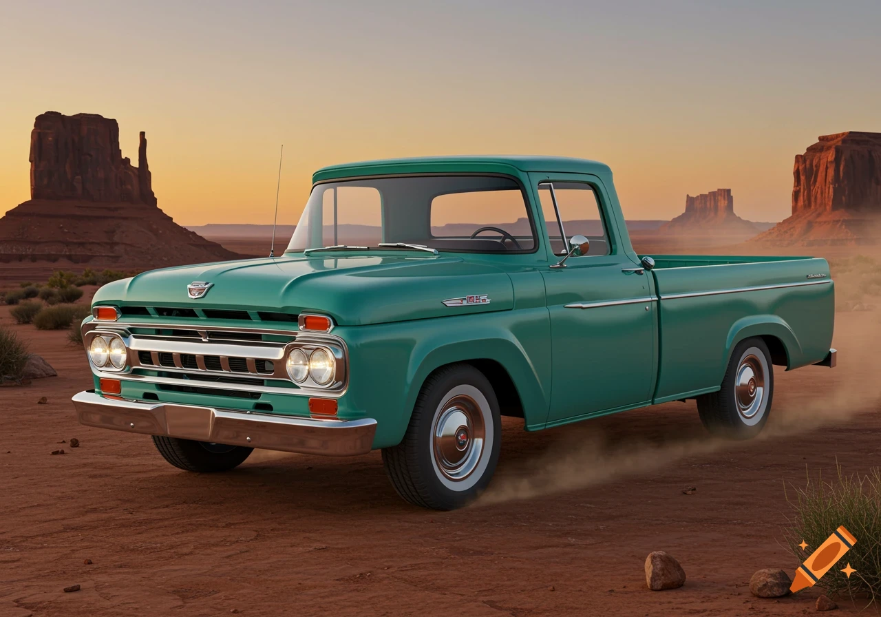A vintage teal 1959 Ford F-100 pickup truck drives on a dirt road through a desert landscape at sunset, with large rock formations in the background.