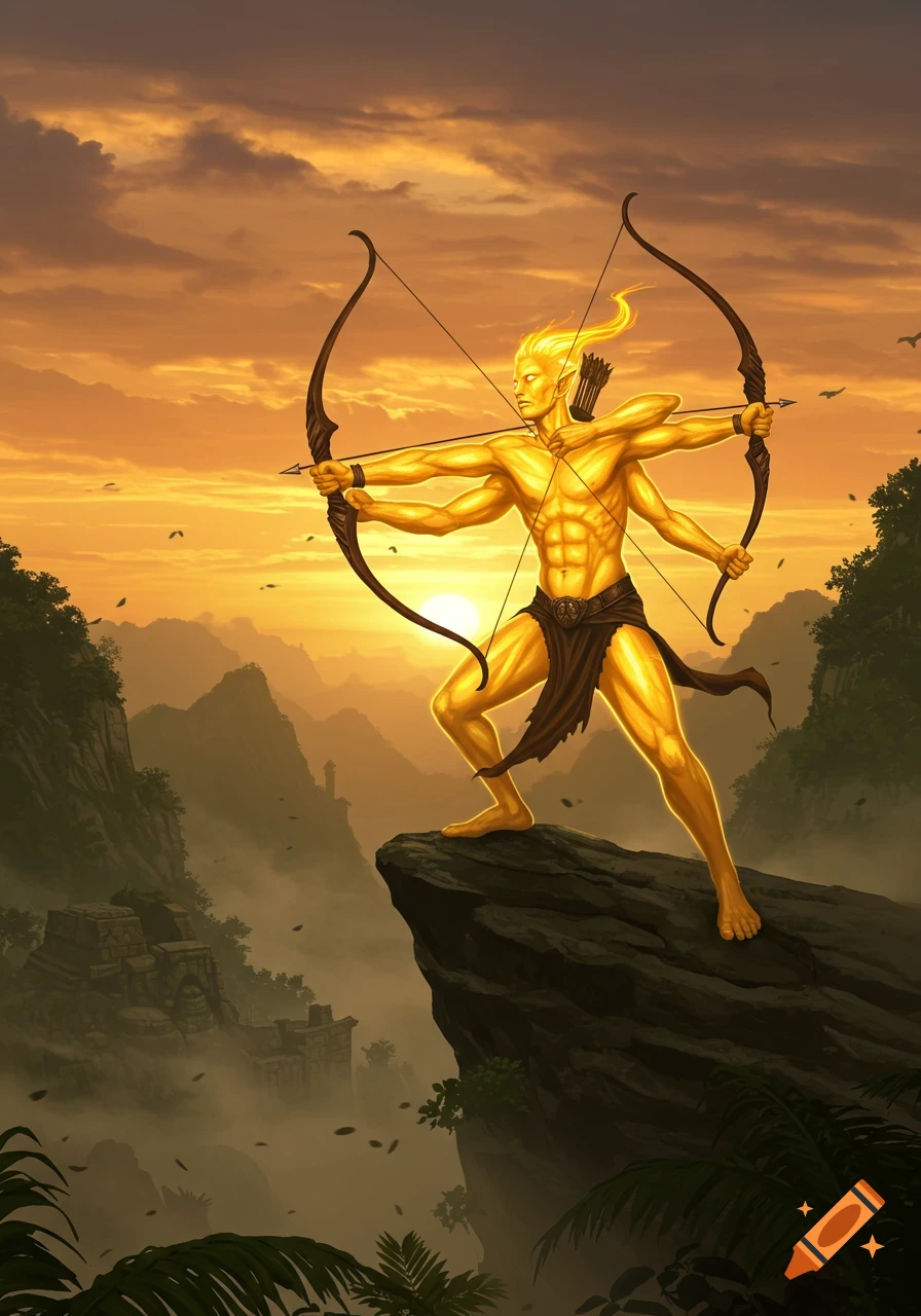 Golden-skinned, four-armed archer with two bows poised on a cliff overlooking a misty valley at sunset, fantasy art.