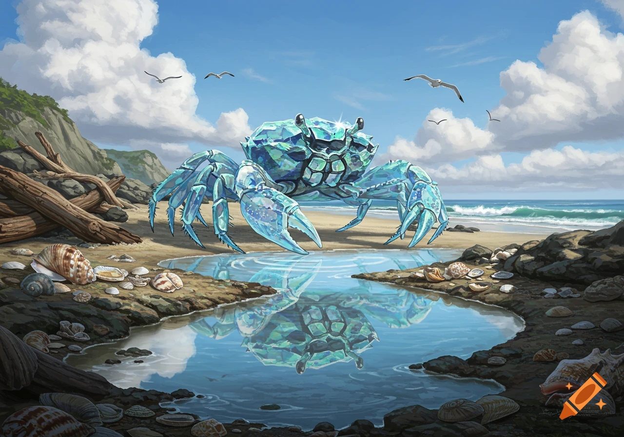 A large, translucent blue crystal crab stands on a sandy beach next to a tidal pool, reflecting its image. Seabirds fly overhead and shells litter the sand.