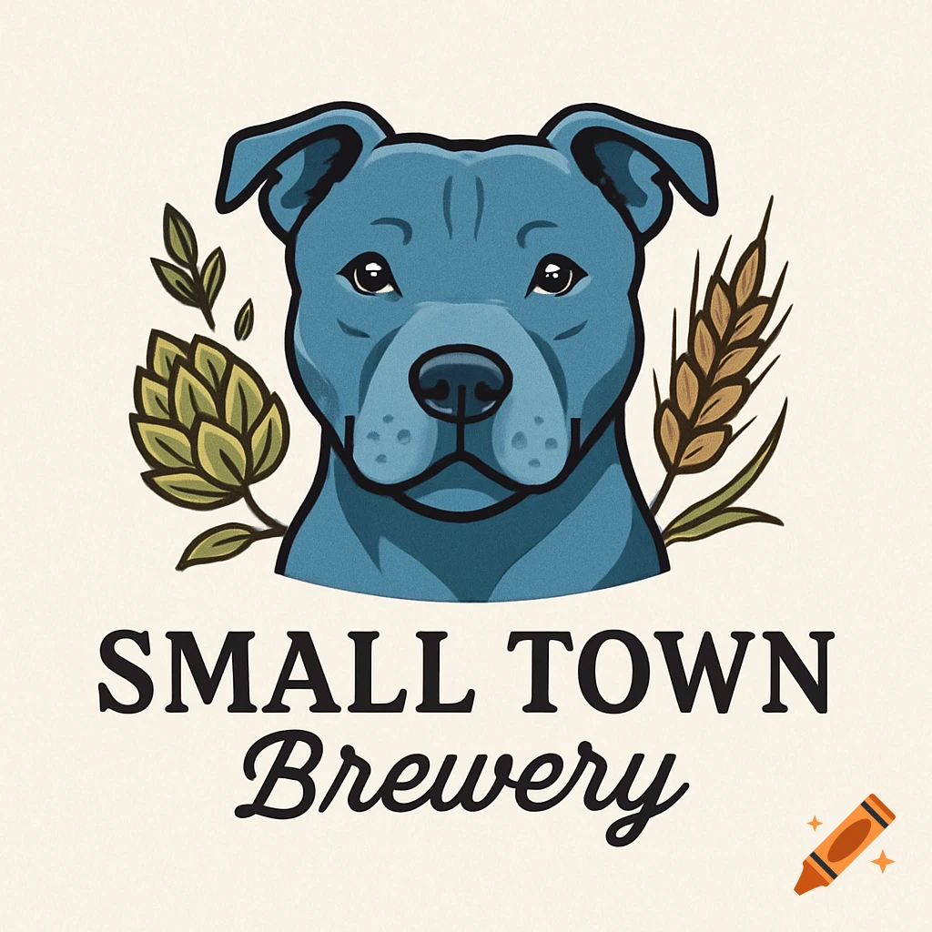 A logo featuring a blue Pit Bull dog head, flanked by a hop cone and a wheat stalk, with the text "SMALL TOWN Brewery" below.