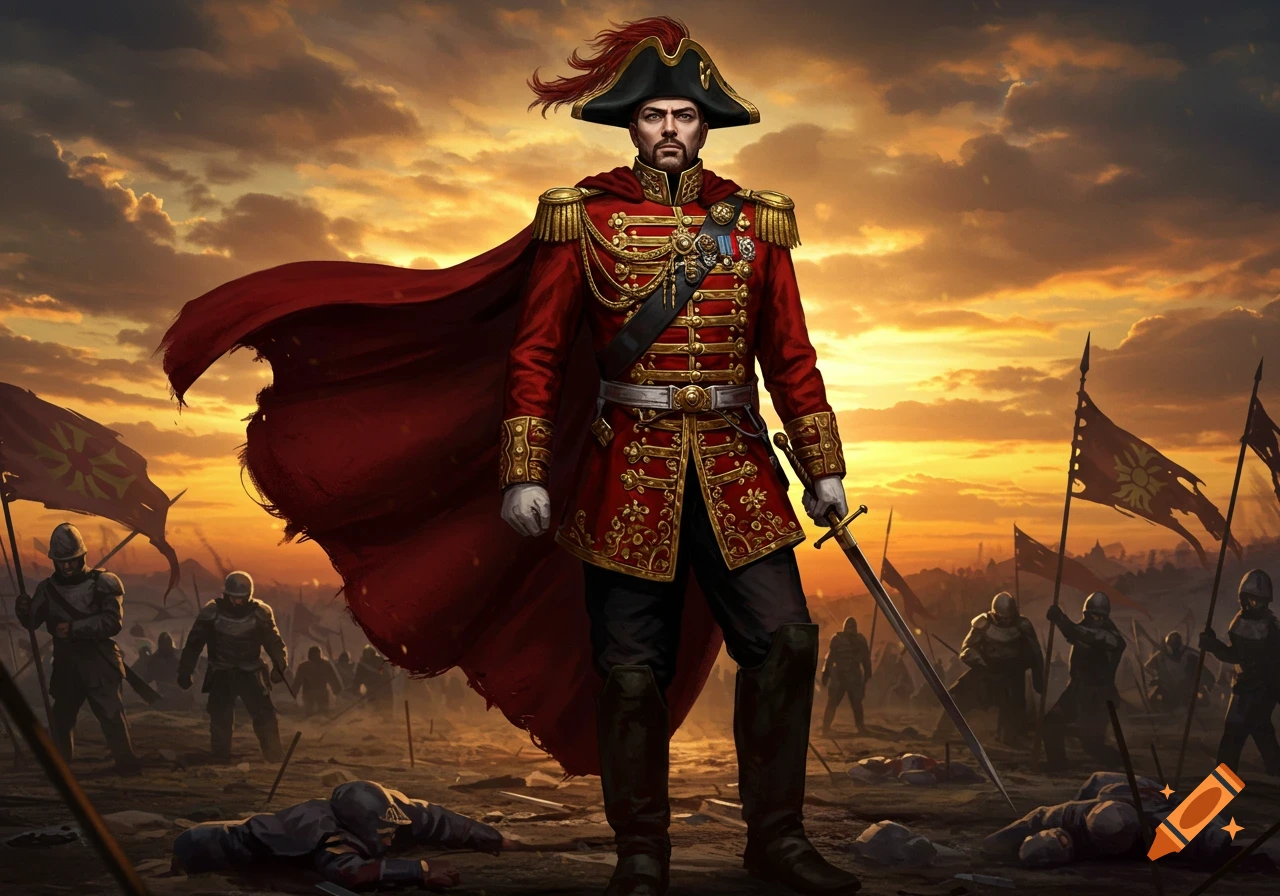 A commander in a red, ornate uniform and tricorn hat stands on a battle-scarred field at sunset, with soldiers and fallen figures around him.