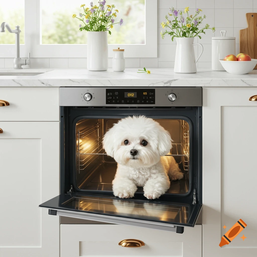 A fluffy white Bichon Frise dog sits inside an open oven in a bright kitchen.