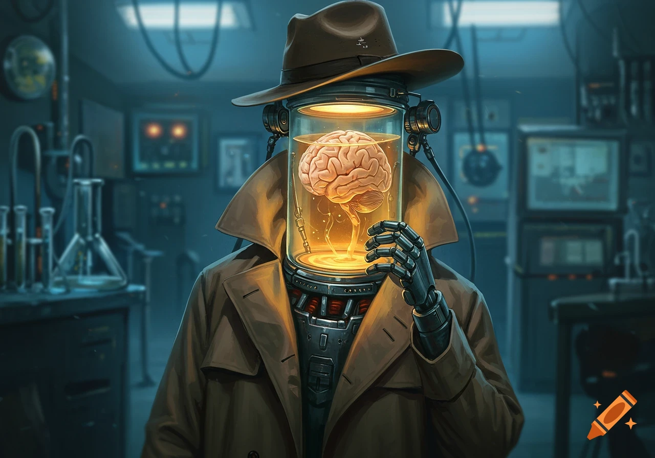 A mysterious figure wearing a trench coat and a trilby hat, with a glowing brain suspended in a jar as its head, stands in a dark laboratory.