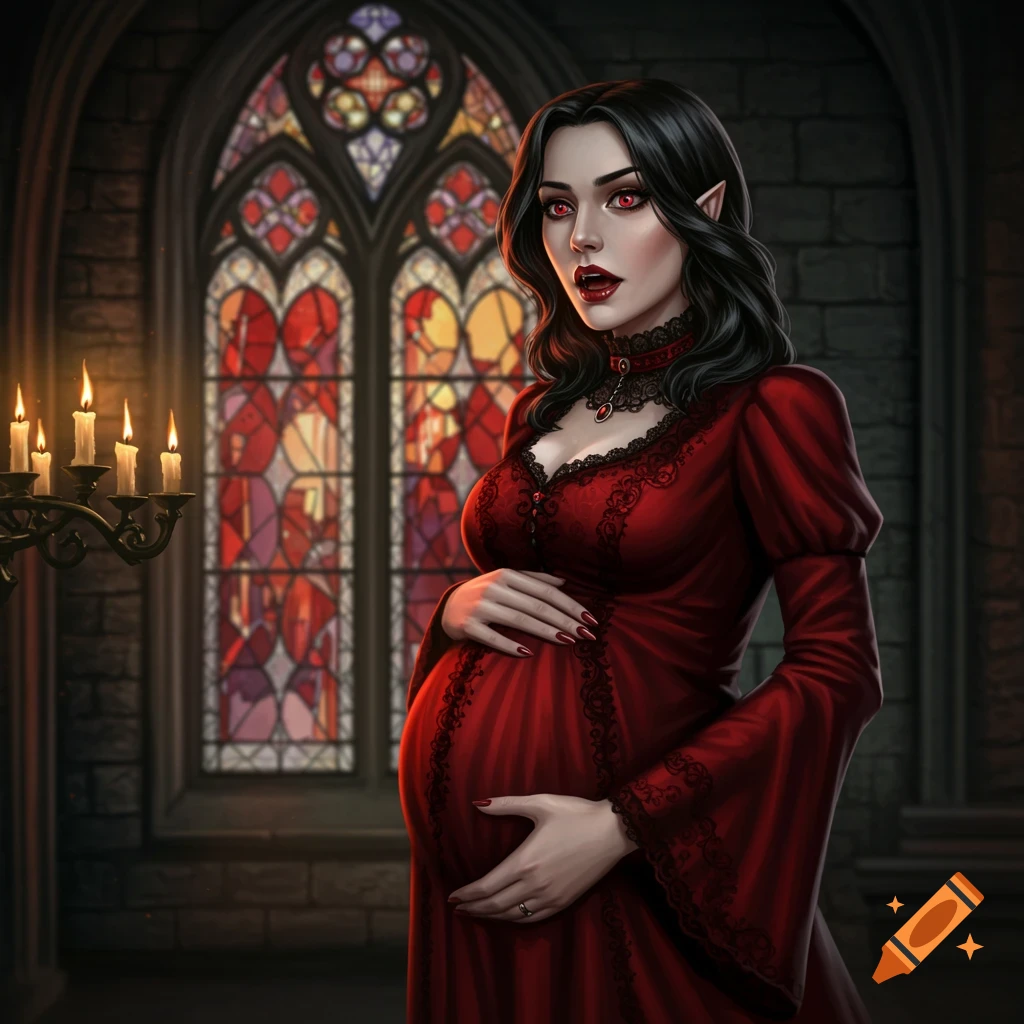 A digital art illustration of a pregnant vampire woman in a red gown, holding her belly. She stands in a gothic room with stained glass windows and candles.