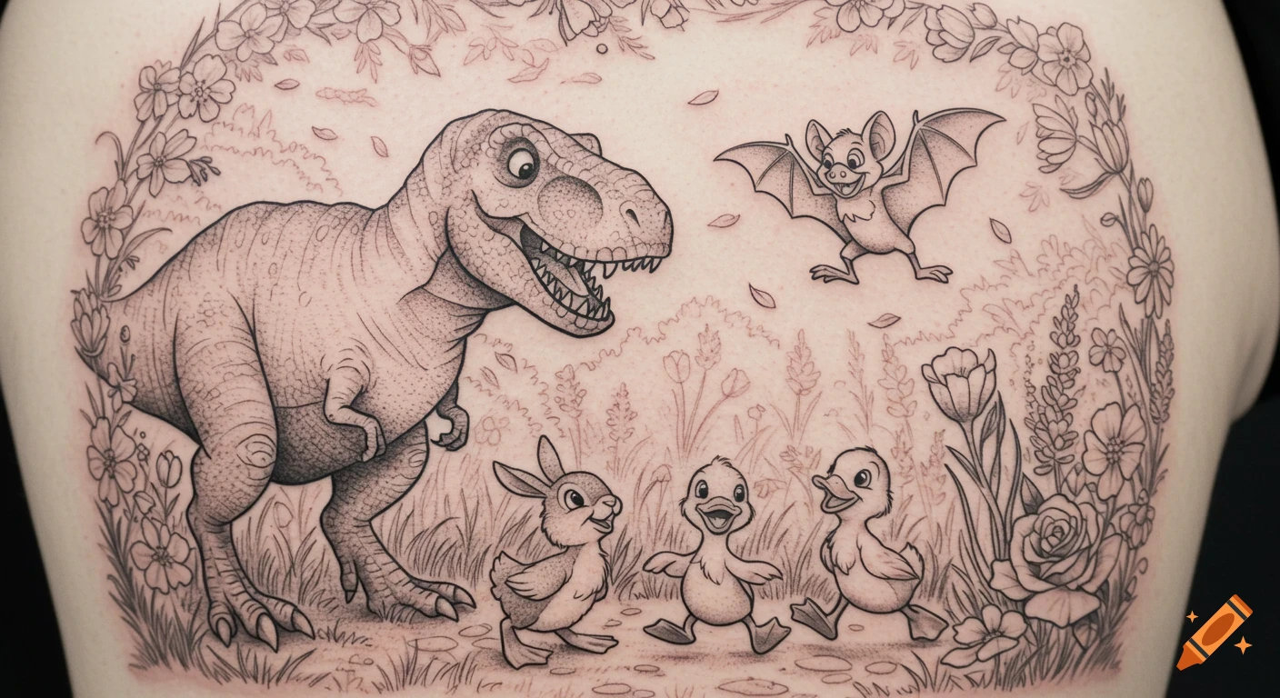 Black and white tattoo of a cheerful T-Rex, a bat, a bunny, and two ducklings in a flowery landscape.