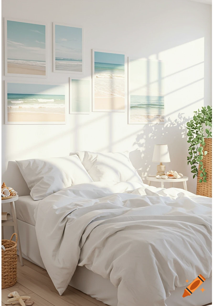 A bright, coastal-themed bedroom with a neatly made bed with white sheets and framed beach art on the wall.