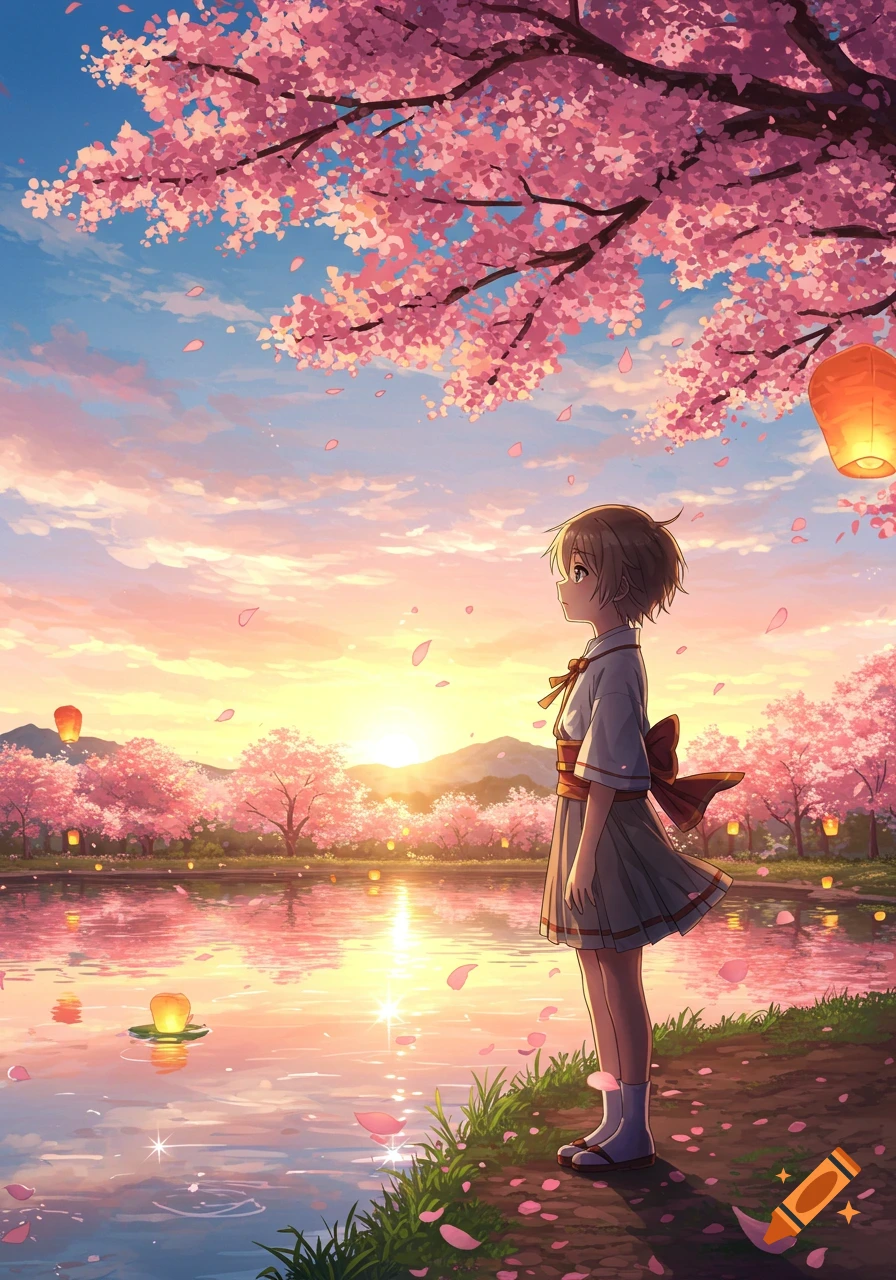 Anime girl stands under blooming cherry blossom trees by a lake at sunset, with floating lanterns.