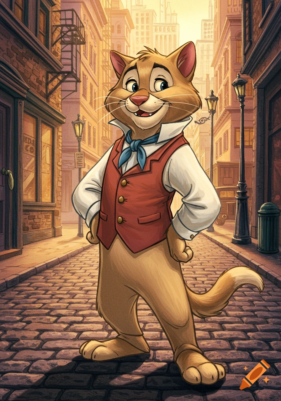 An anthropomorphic ginger cat in a red waistcoat and blue cravat stands on a cobblestone street in a cartoon city.