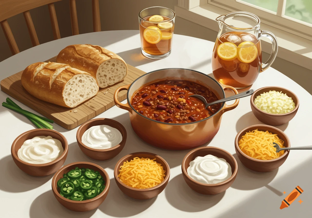 A white table set with a large pot of chili, two loaves of bread, a glass of iced tea, a pitcher of iced tea, and bowls of toppings like shredded cheese, sour cream, and sliced jalapeños.