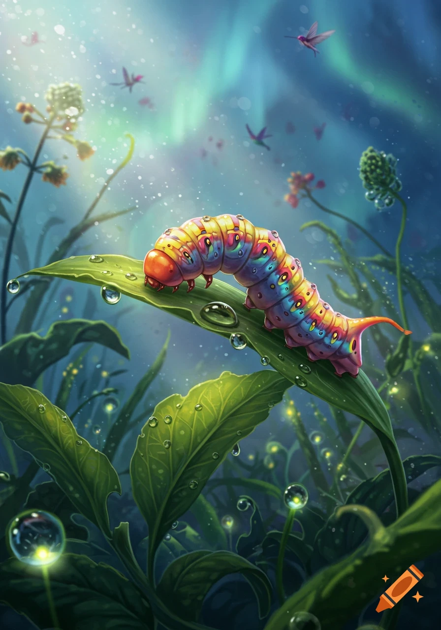 A vibrant rainbow-colored caterpillar crawls on a dew-covered green leaf in a magical forest with hummingbirds and fireflies.