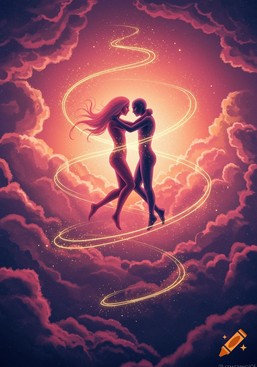 Two figures embrace amidst swirling pink and purple clouds with golden light trails.