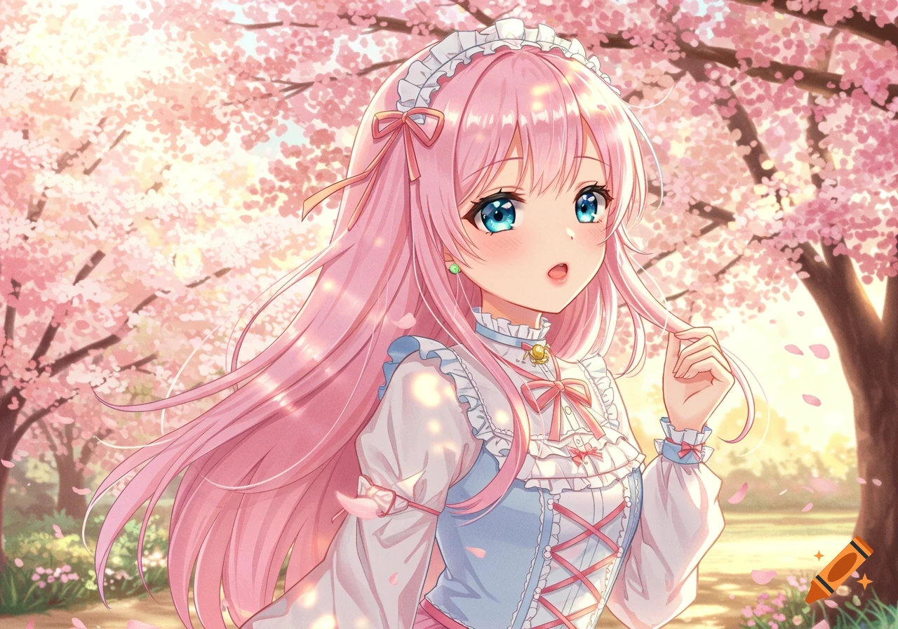An anime girl with long pink hair and blue eyes, wearing a white and blue frilly dress, stands among pink cherry blossom trees on a sunny day.