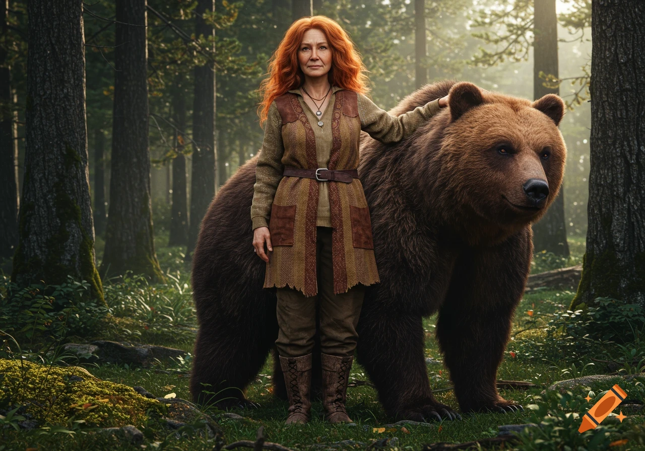 A realistic depiction of a redhead woman in a rustic outfit standing beside a large brown bear in a sunlit forest.