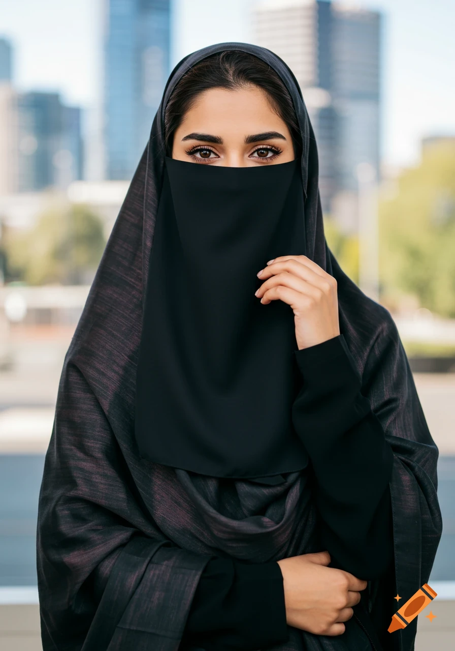 Photorealistic portrait of a woman in a black niqab and abaya, revealing only her kohl-lined eyes, with a blurred city background.