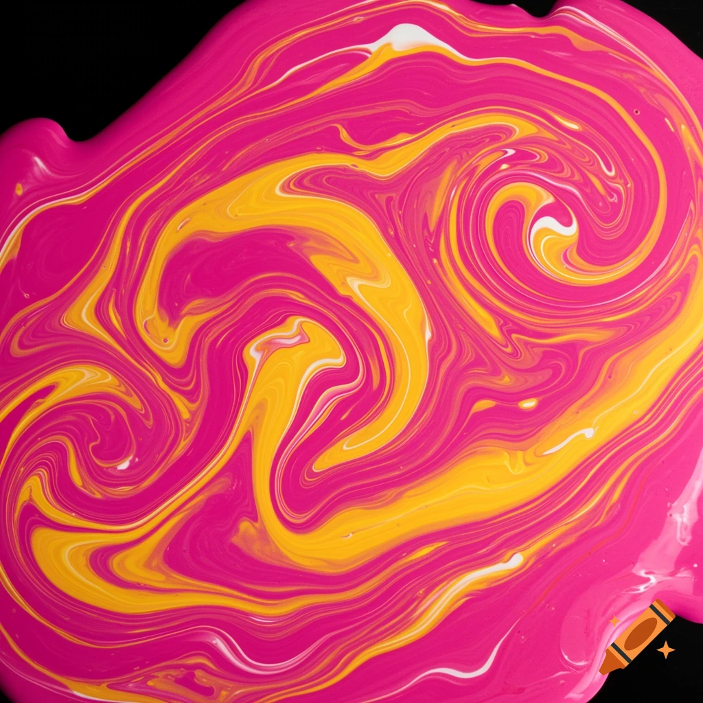 Swirling magenta, yellow, and white paint creating an abstract pattern against a black background.
