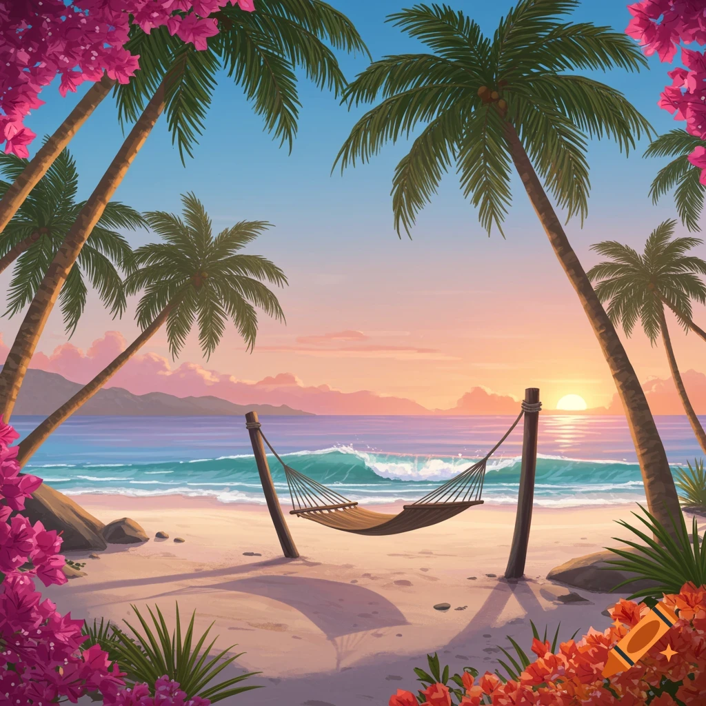 Serene tropical beach at sunset with palm trees framing a hammock by the ocean, illustrative style.