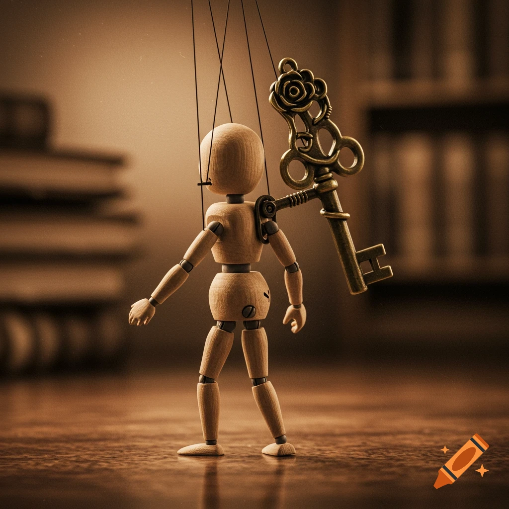 A wooden puppet with strings hanging from above has a large bronze wind-up key in its back, with a decorative rose pattern on the key handle.