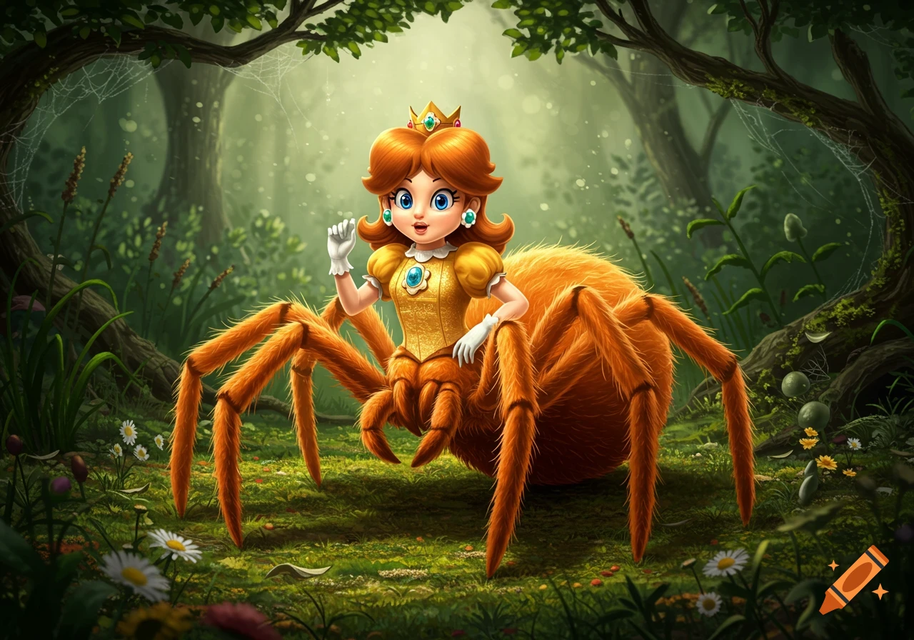 Princess Daisy from Mario with a human torso and an orange spider lower body in a magical forest.