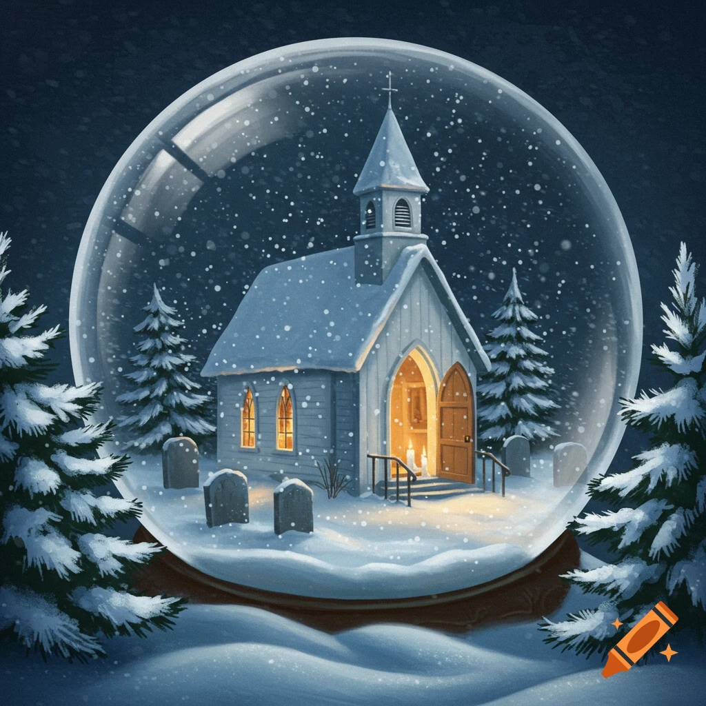 An illustrated snow globe featuring a snowy church with a glowing open door, surrounded by pine trees and gravestones.
