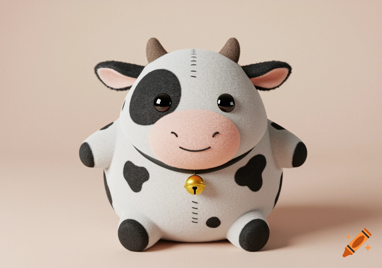 A cute, chubby plush toy cow, white with black spots, pink snout, large black eyes, and a golden bell, rendered in a soft 3D style.