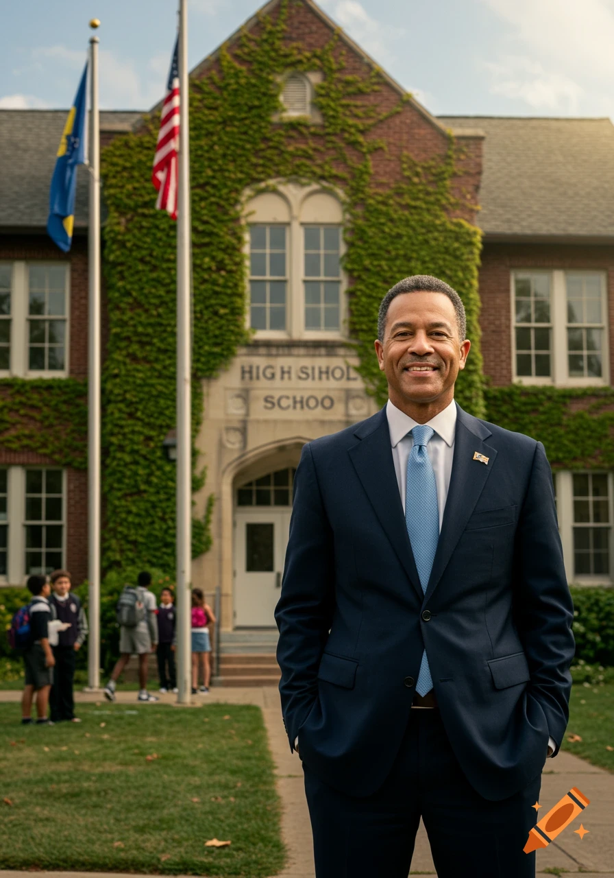 A smiling man in a suit stands in front of a brick school building with ivy and students in the background.