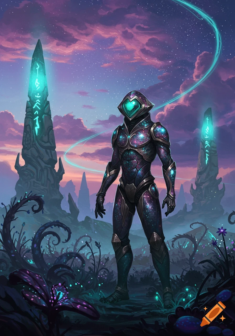 A figure in a dark, galaxy-patterned futuristic suit stands in an alien landscape with glowing monuments and purple-pink sky.