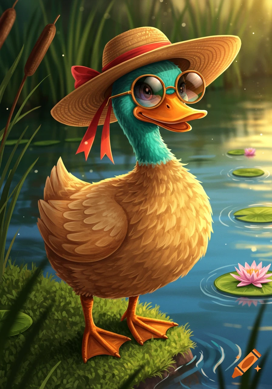 A cartoon duck wearing a straw hat and sunglasses stands by a pond with lily pads and cattails.