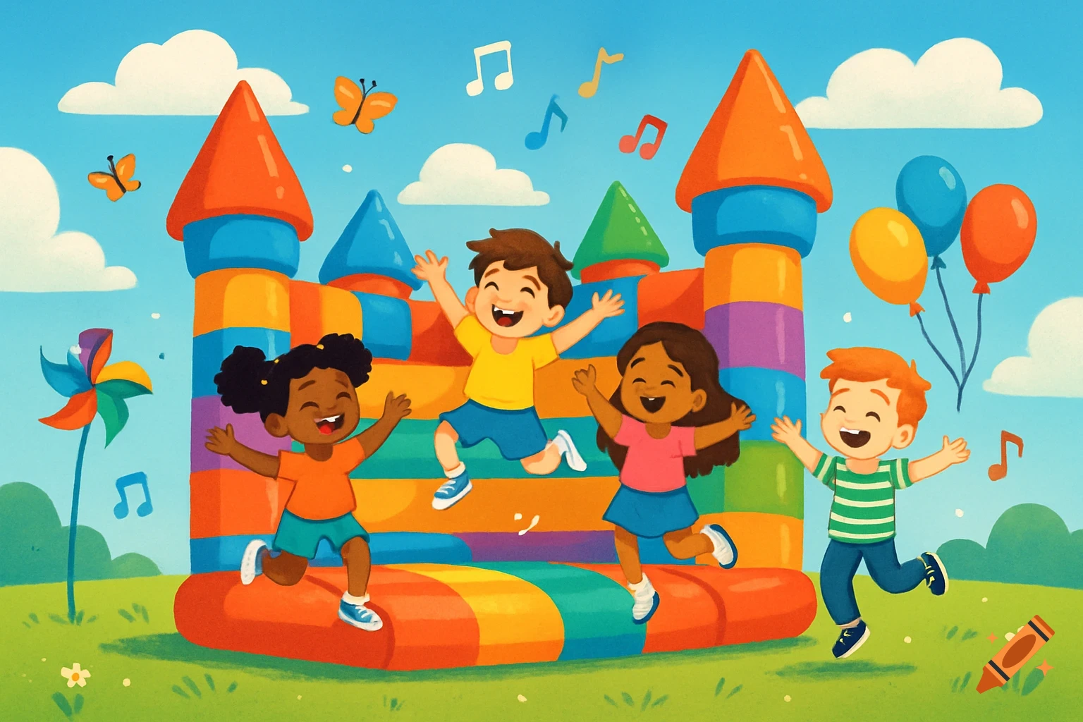 Happy diverse children jumping in a colorful bouncy house on a sunny day with butterflies and music notes.