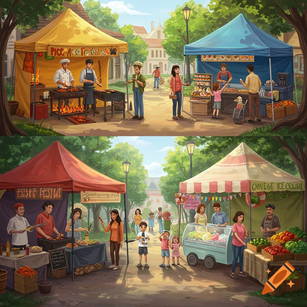 An outdoor market scene with four colorful food tents, people strolling, and vendors serving food. One tent sells grilled items, another baked goods, one offers ice cream, and another fresh produce.