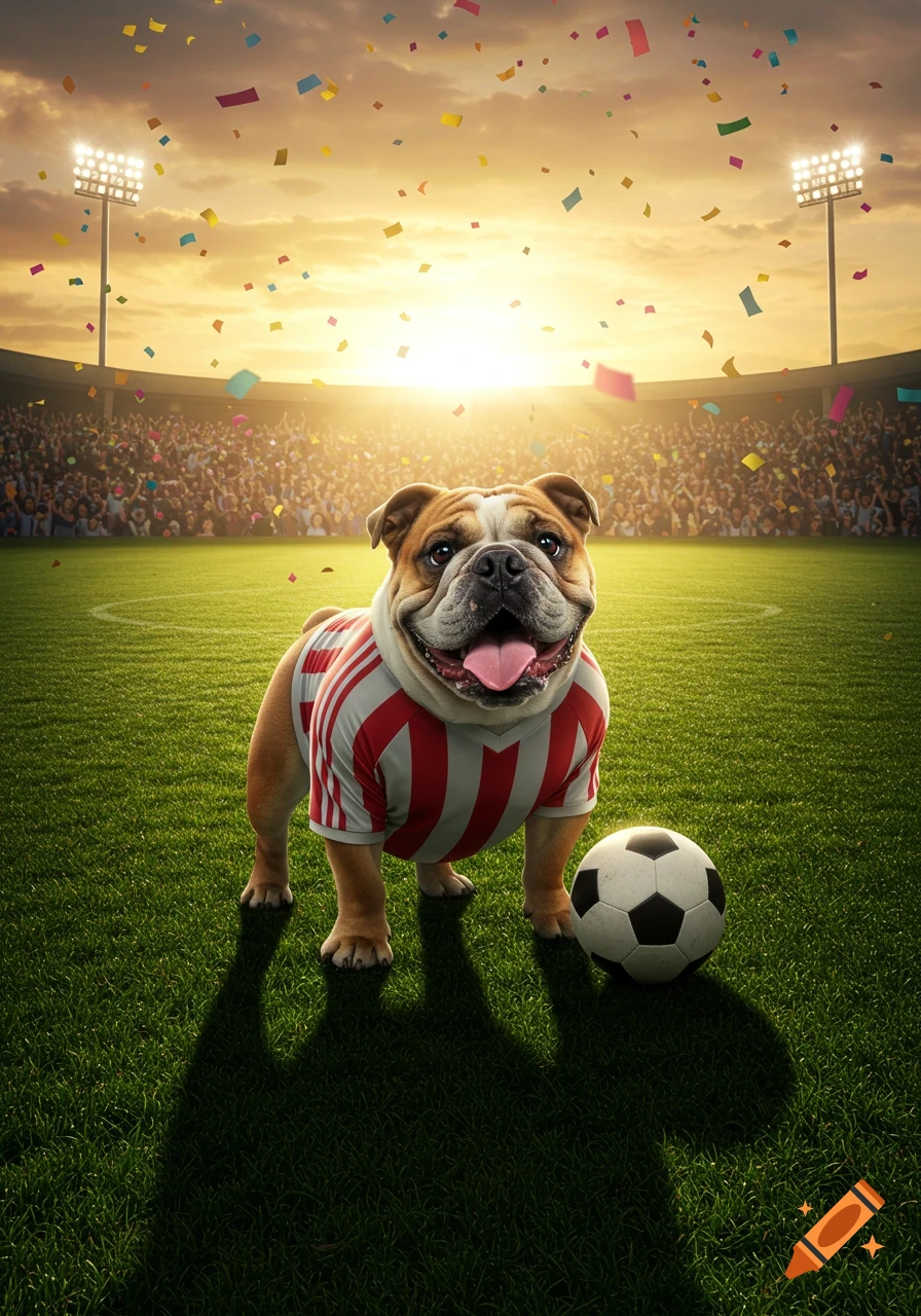 A happy bulldog in a red and white soccer jersey stands on a green field in a stadium with a soccer ball and confetti falling at sunset.