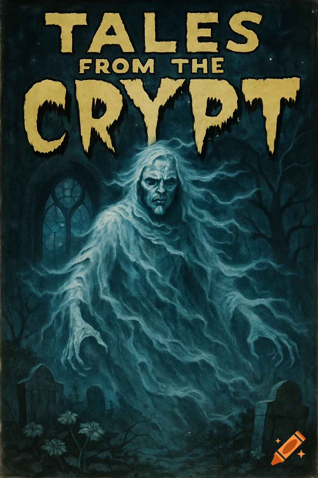 Tales from the Crypt horror comic cover art featuring a spectral ghost emerging from a misty graveyard at night.