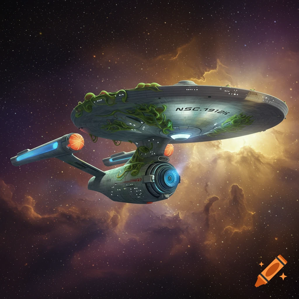 A grey spaceship, resembling the USS Enterprise, covered in green organic vines and tendrils, floats in a colorful space background with stars and nebulae.