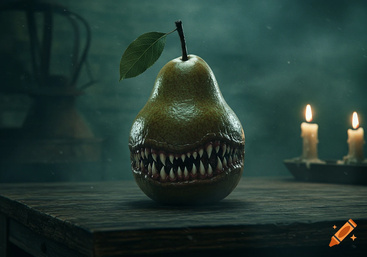 A photorealistic, monstrous pear with sharp teeth sits on a wooden table in a dimly lit room with candles.