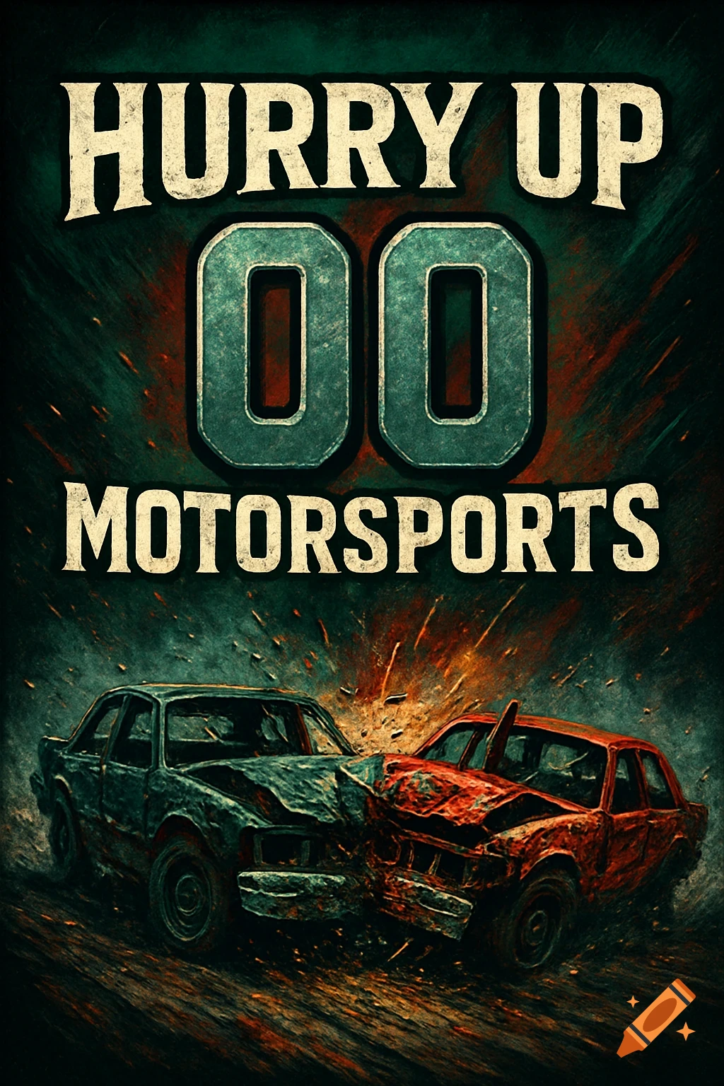 A demolition derby banner featuring two crashed cars with the text 'HURRY UP 00 MOTORSPORTS' in a gritty, dark style.