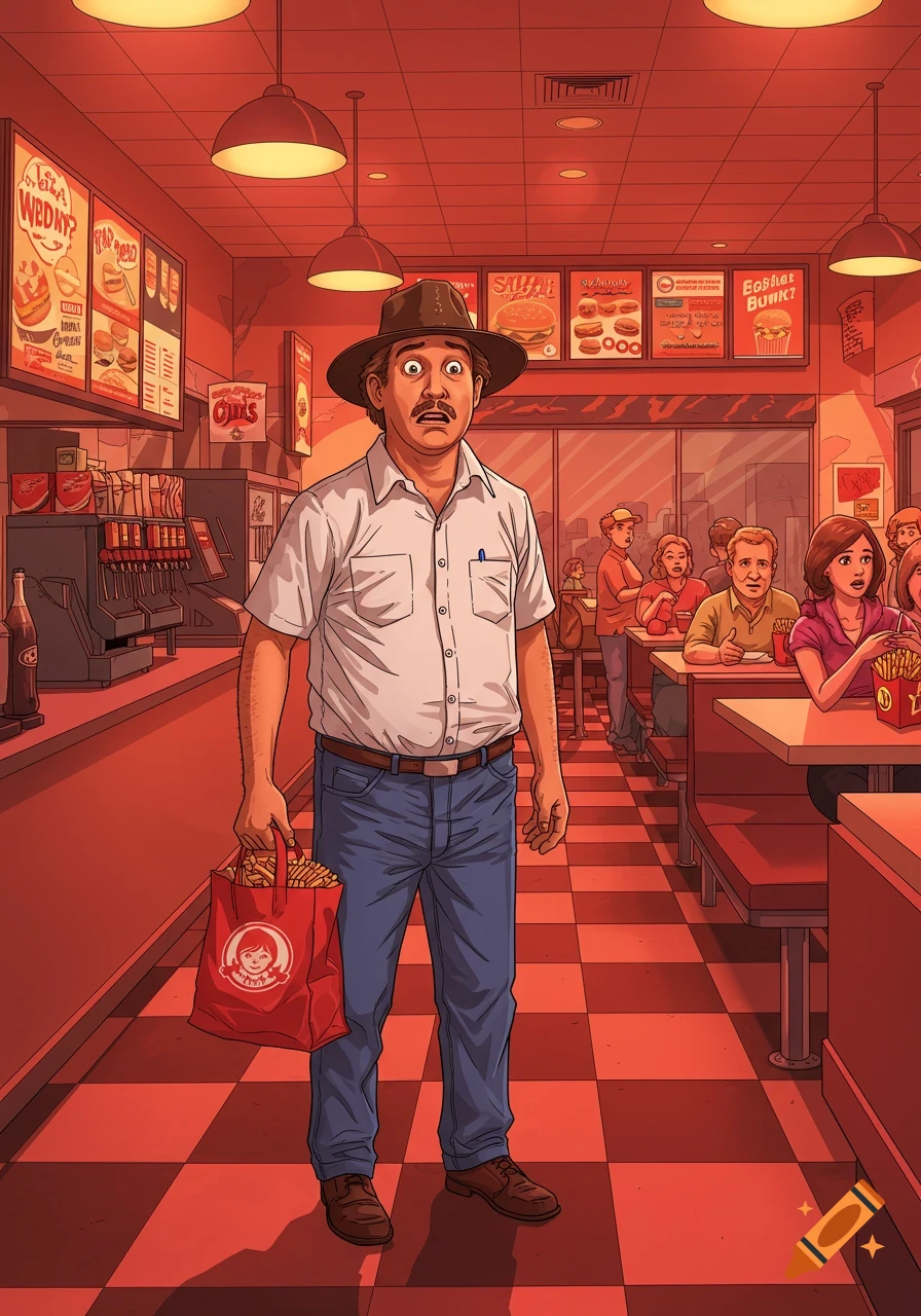 A cartoon man resembling Hank Hill, wearing a hat and collared shirt, stands in a red-lit Wendy's restaurant holding a bag of fries, with patrons in the background.