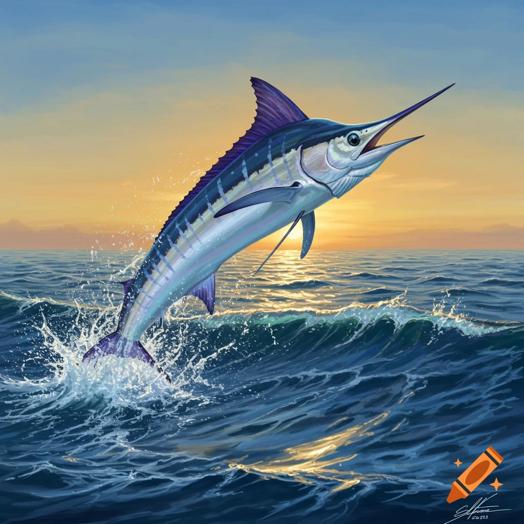 A blue marlin leaps out of the ocean water against a vibrant orange sunset sky.