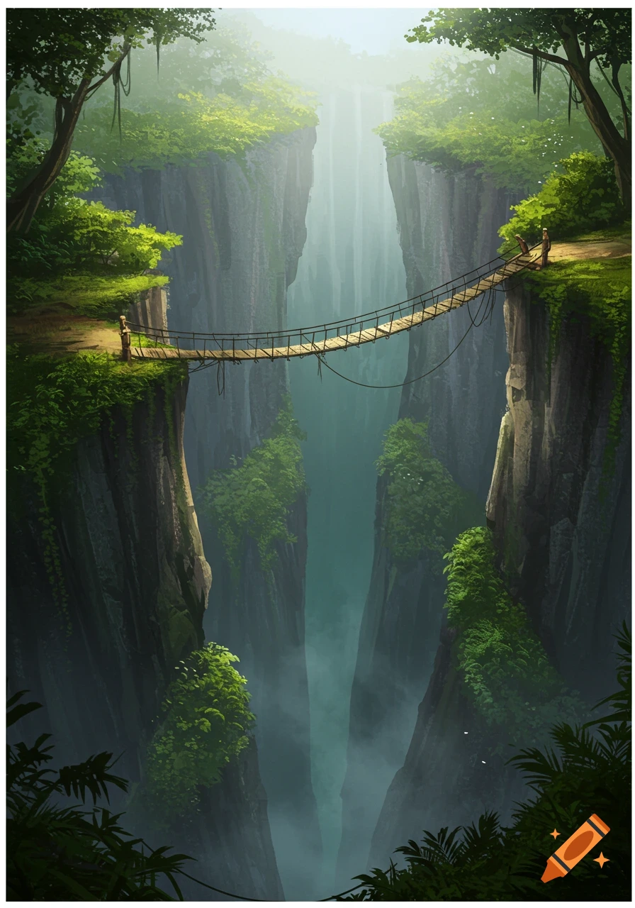 A stylized illustration of a vast, deep jungle gorge with an old wooden rope bridge spanning across it.
