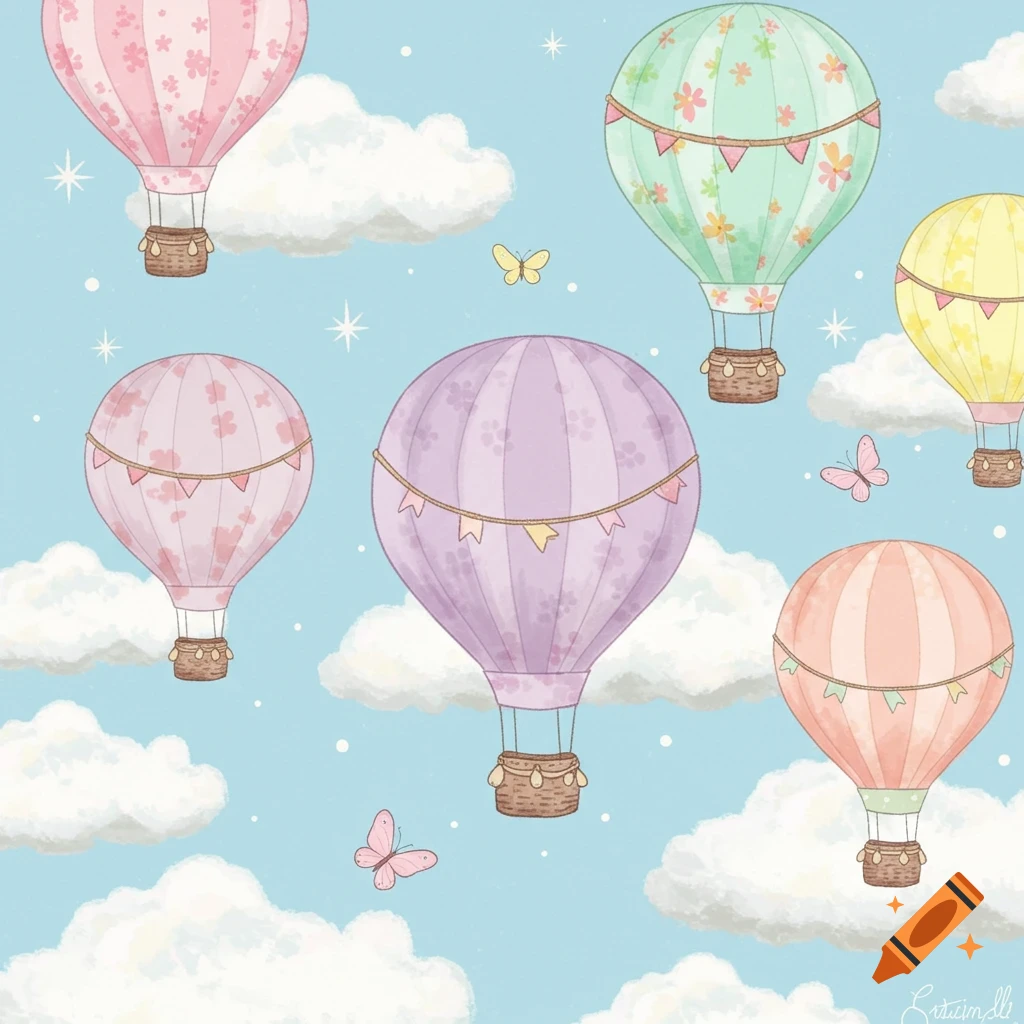Watercolor illustration of colorful hot air balloons, clouds, and butterflies floating in a bright blue sky.