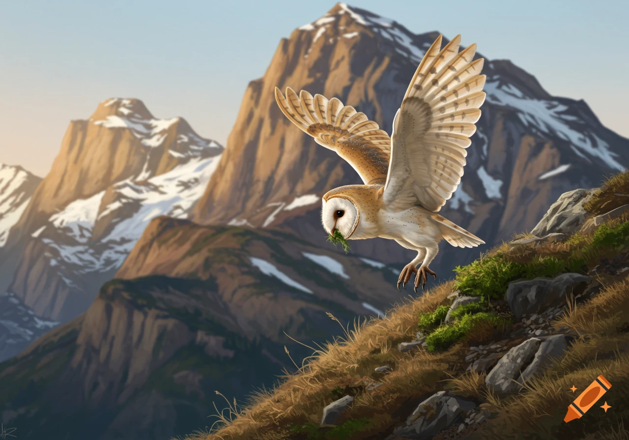 A barn owl with outstretched wings flies over a mountain slope, carrying green moss in its beak. Snow-capped mountains in the background.