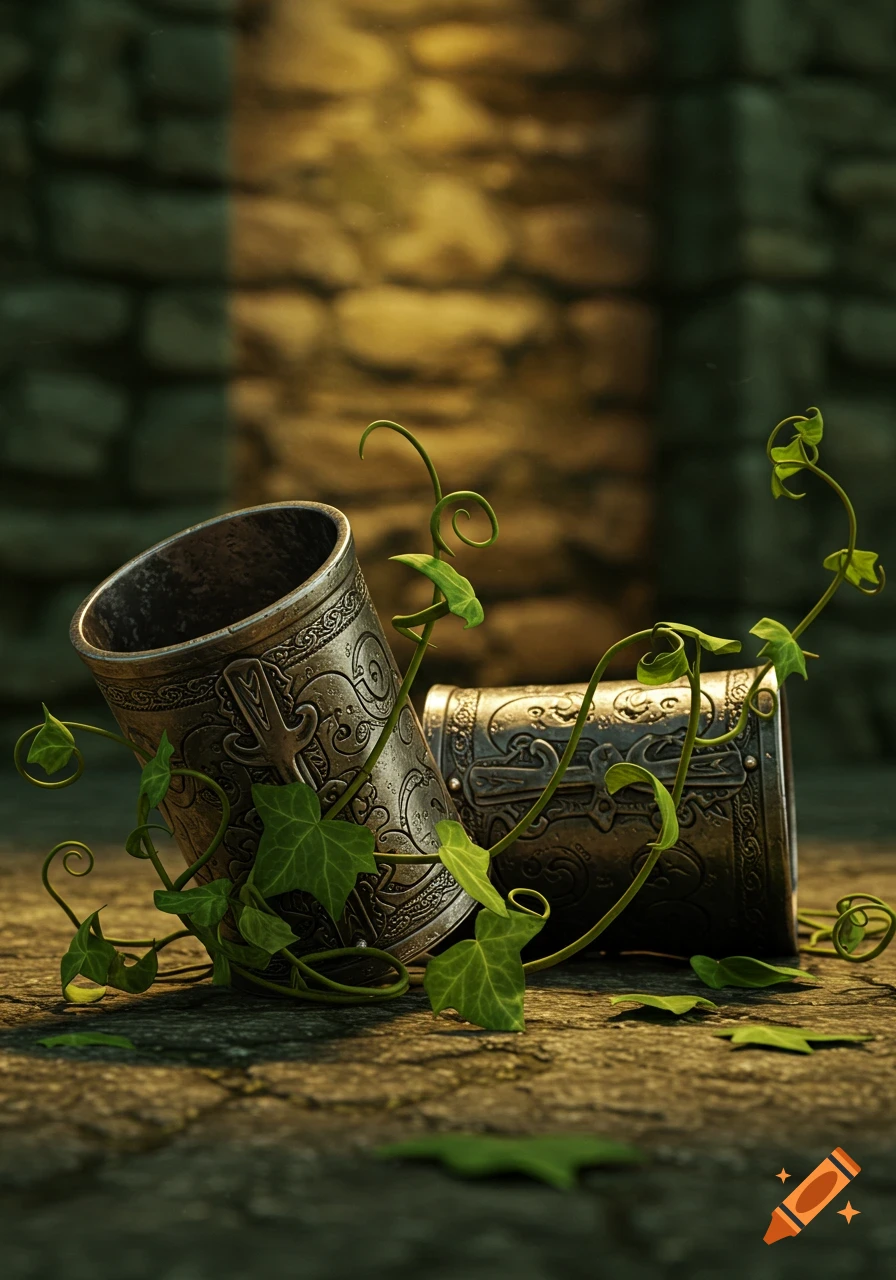 Two ornate medieval-style metal objects, possibly cylindrical chests or goblets, entwined with green ivy on a stone ground, photorealistic.