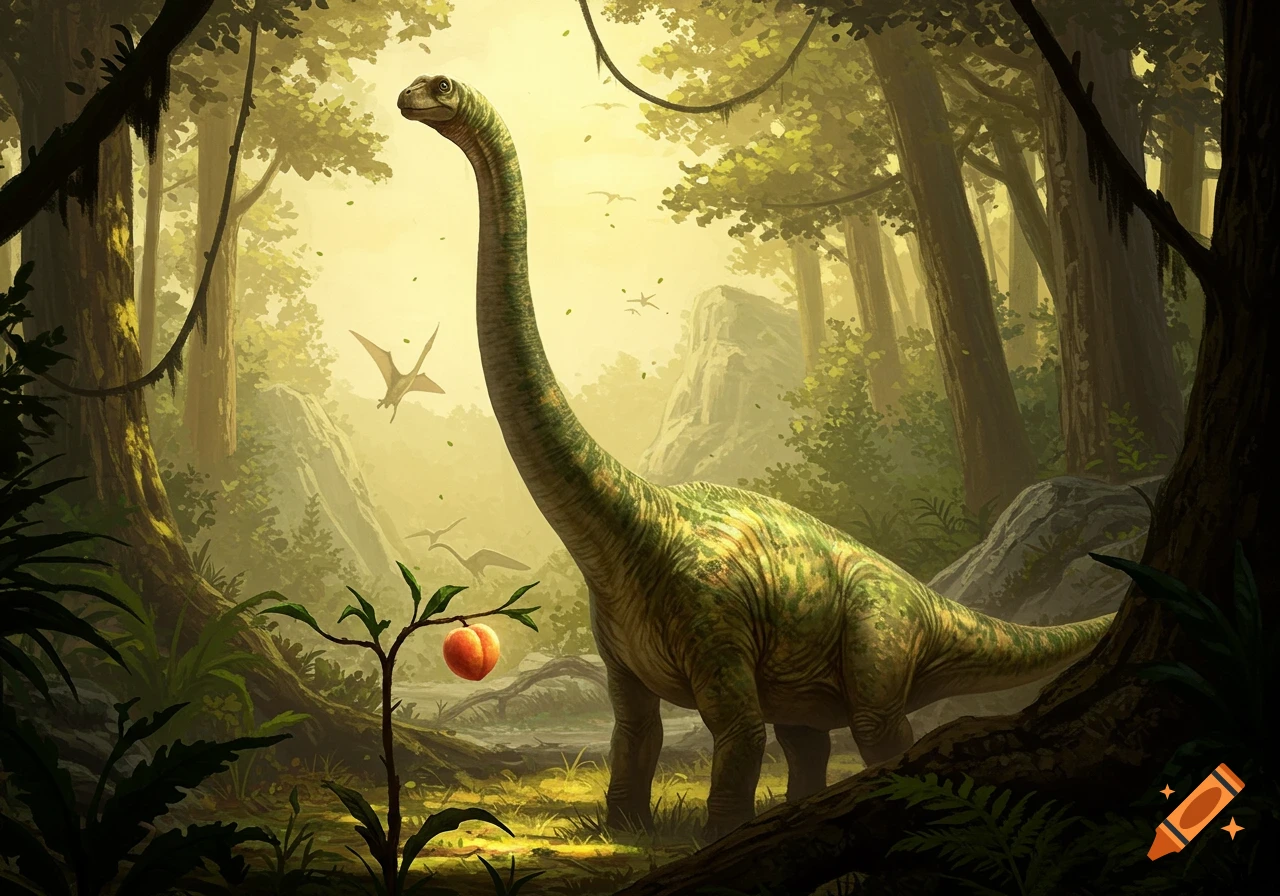 A large long-necked dinosaur stands in a misty prehistoric jungle, with a peach on a small plant and flying pterosaurs.