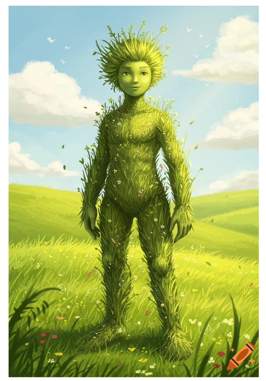 A stylized illustration of a boy made of grass and leaves standing in a vibrant green field under a blue sky.