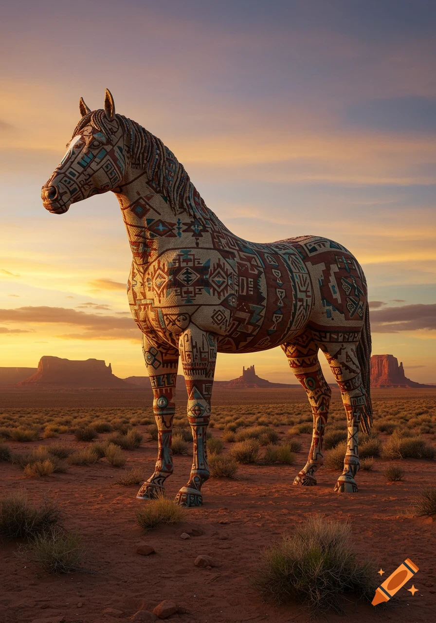 Photorealistic image of a horse covered in Ancestral Puebloan patterns, standing in a vast desert landscape at sunset.