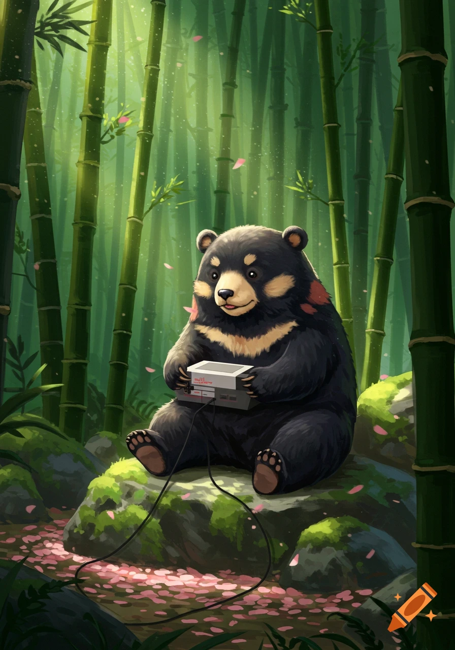 A cute Japanese black bear sits in a bamboo forest, holding and playing an old Nintendo video game console.