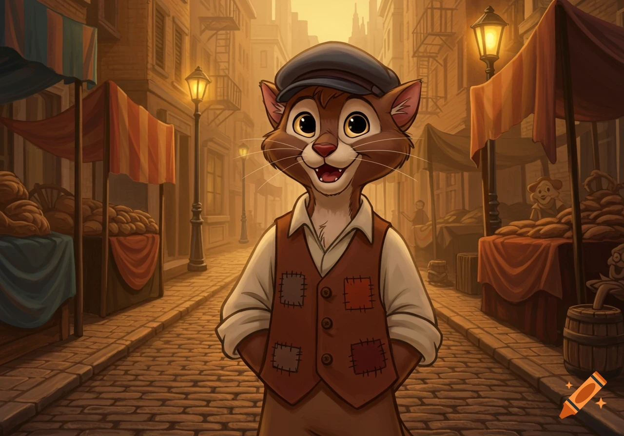 A smiling anthropomorphic brown cat in a vest and cap stands on a cobbled street with market stalls at sunset in Don Bluth cartoon style.