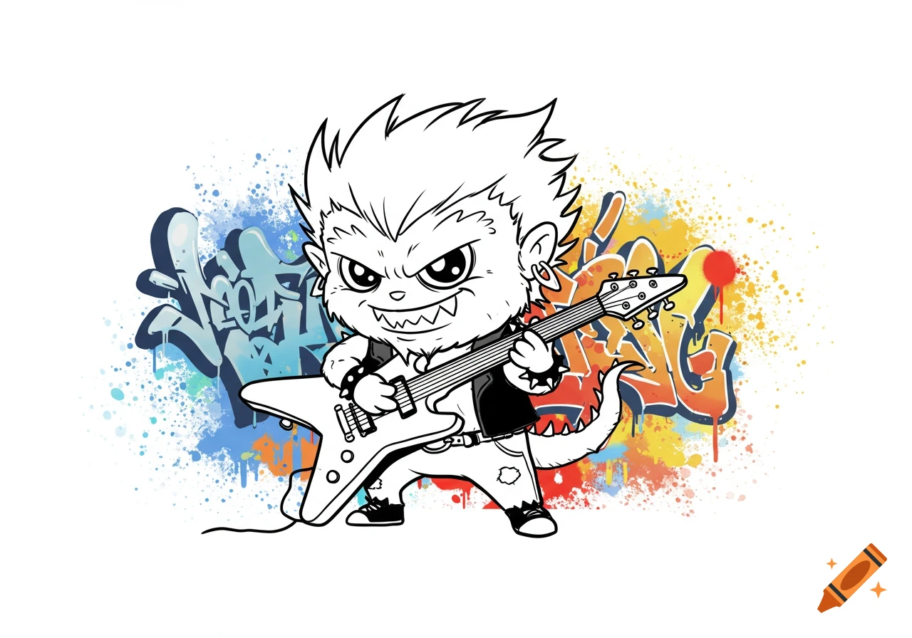 Black and white chibi monster with spiky hair, wearing a vest and studded bracelets, playing a white electric guitar, with colorful graffiti and paint splatters in the background.