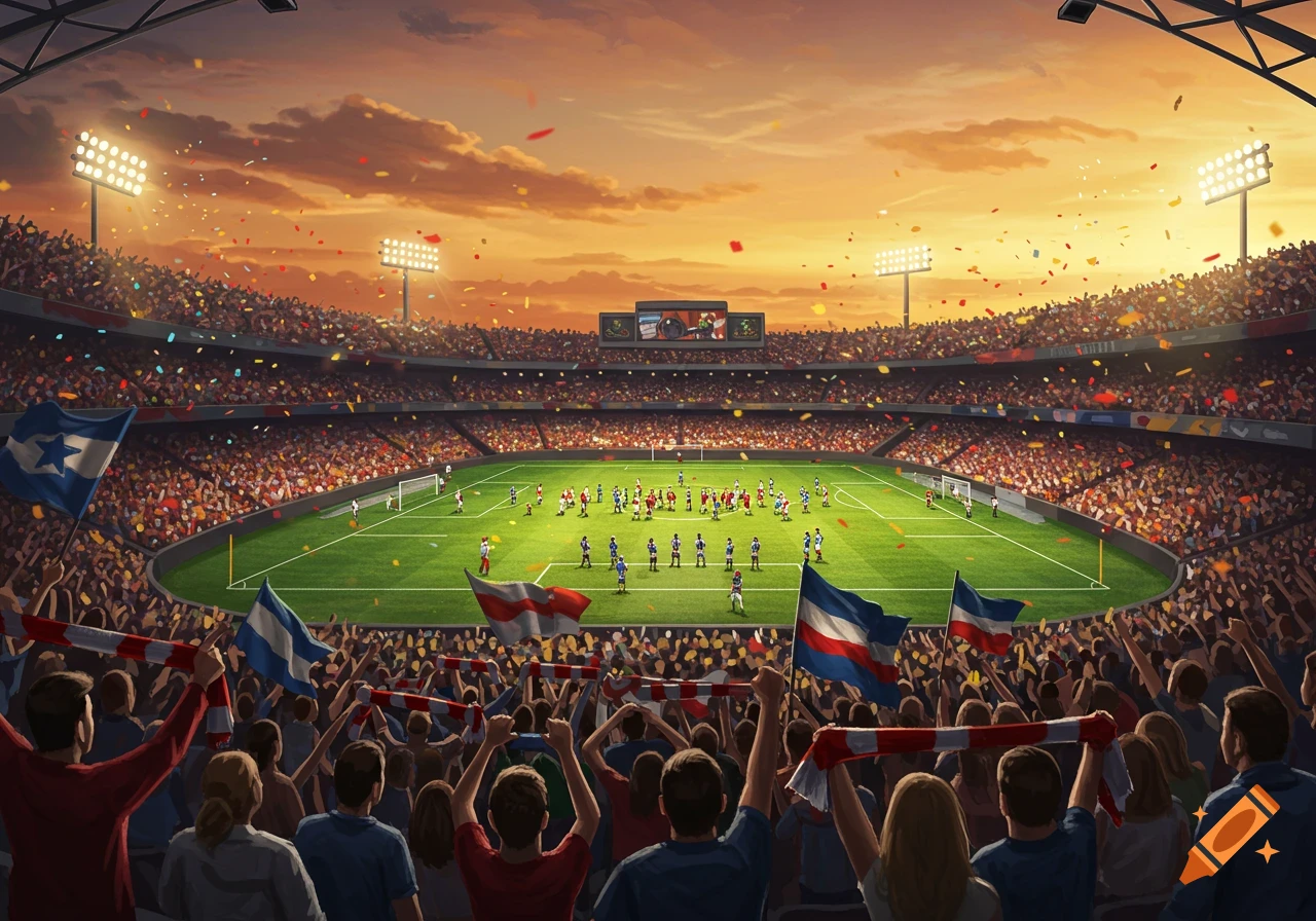 A vibrant illustration of a packed soccer stadium at sunset, with players on the field and confetti falling, viewed from behind the cheering crowd.