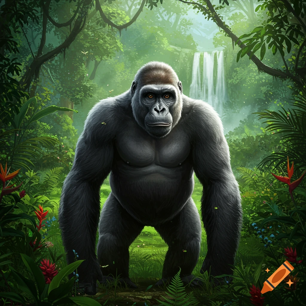 A large, muscular gorilla stands in a lush green jungle with a waterfall in the background.