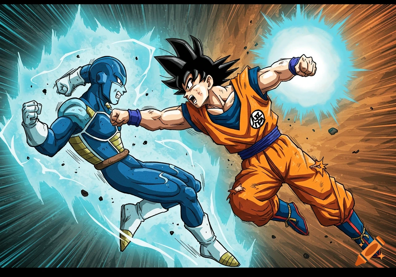 Goku in orange gi punches a blue-suited character in a dynamic comic book style battle scene.