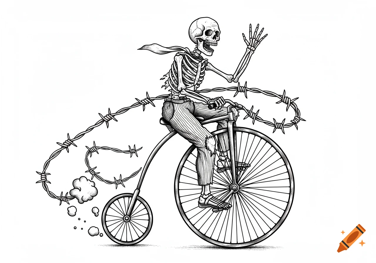 Black and white illustration of a skeleton in striped pants riding a penny-farthing bicycle with barbed wire wrapped around the handlebars, waving.